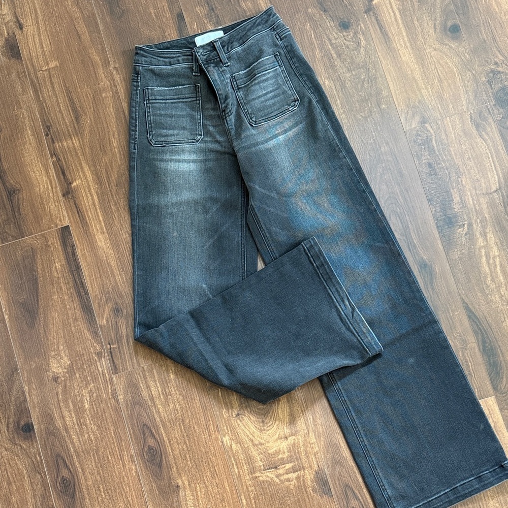 Women's Faded Black Flare Jeans - Wide Leg